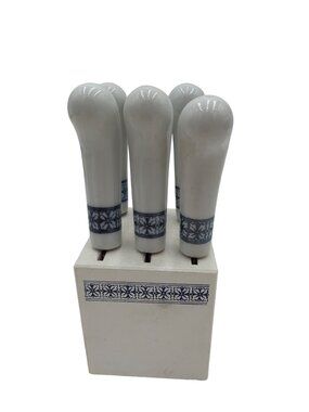 Porcelain Handle Knife Set With Blue Floral Design & Wooden Block Stand